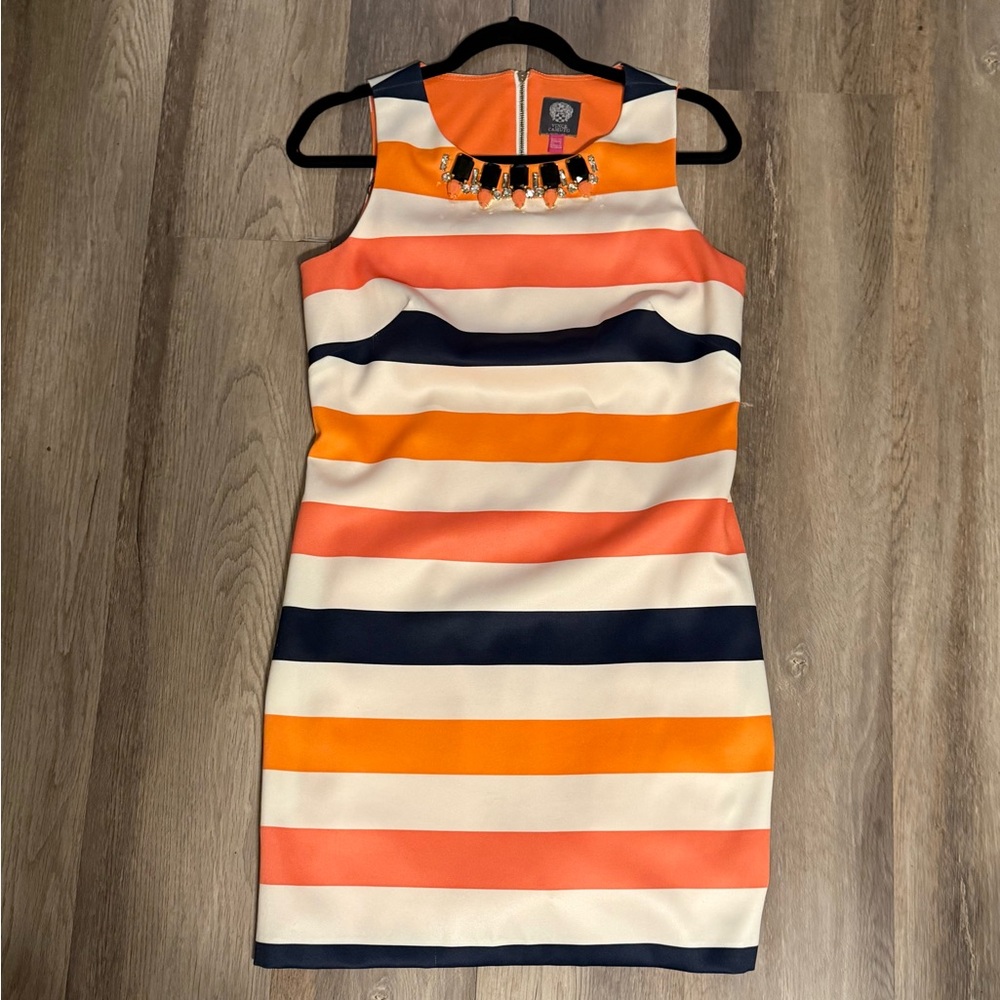 VINCE CAMUTO Multi Striped Jeweled Neck Dress
